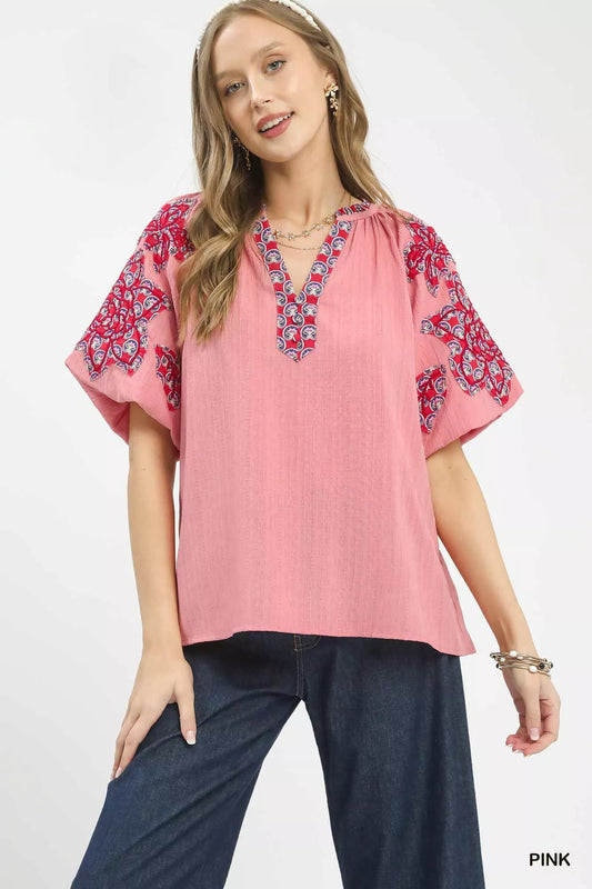 Umgee Embroidered Sleeve Contrast Trim Top - Bitsy Gypsy Boutique