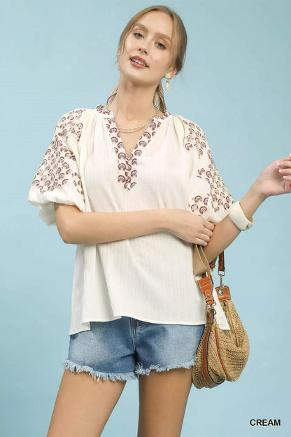 Umgee Embroidered Sleeve Contrast Trim Top - Bitsy Gypsy Boutique
