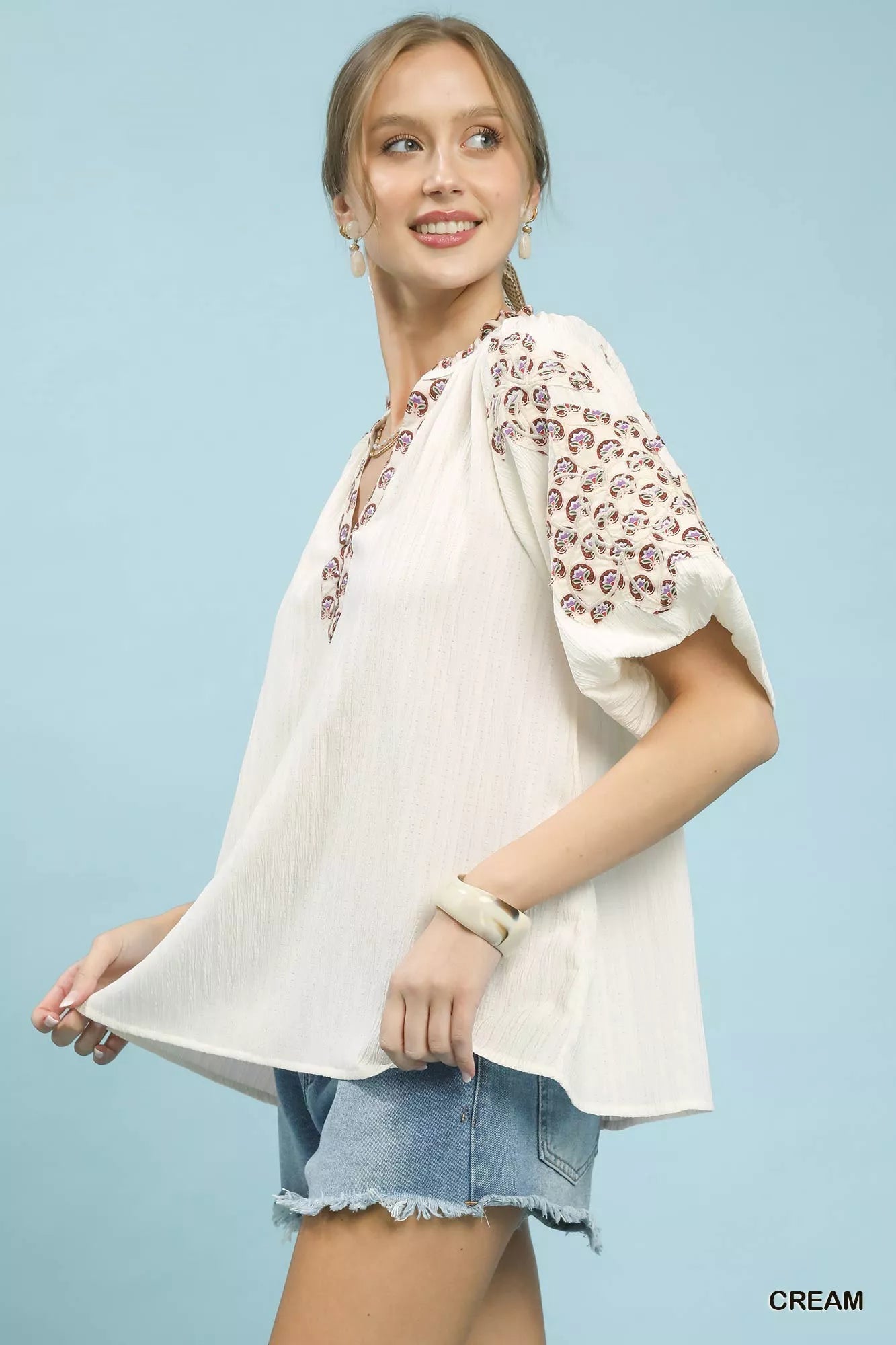 Umgee Embroidered Sleeve Contrast Trim Top - Bitsy Gypsy Boutique