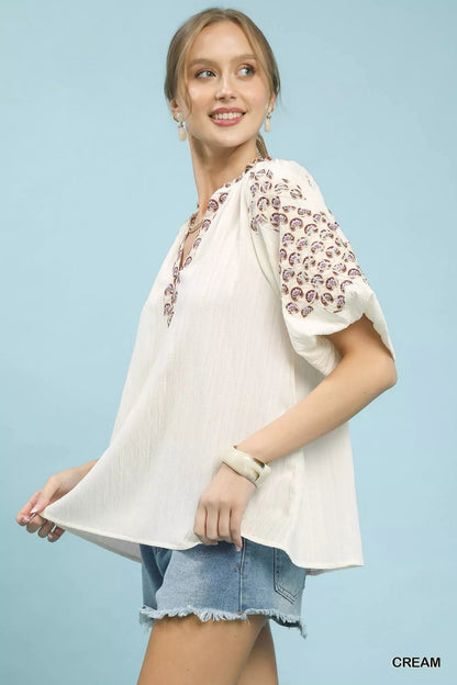 Umgee Embroidered Sleeve Contrast Trim Top - Bitsy Gypsy Boutique