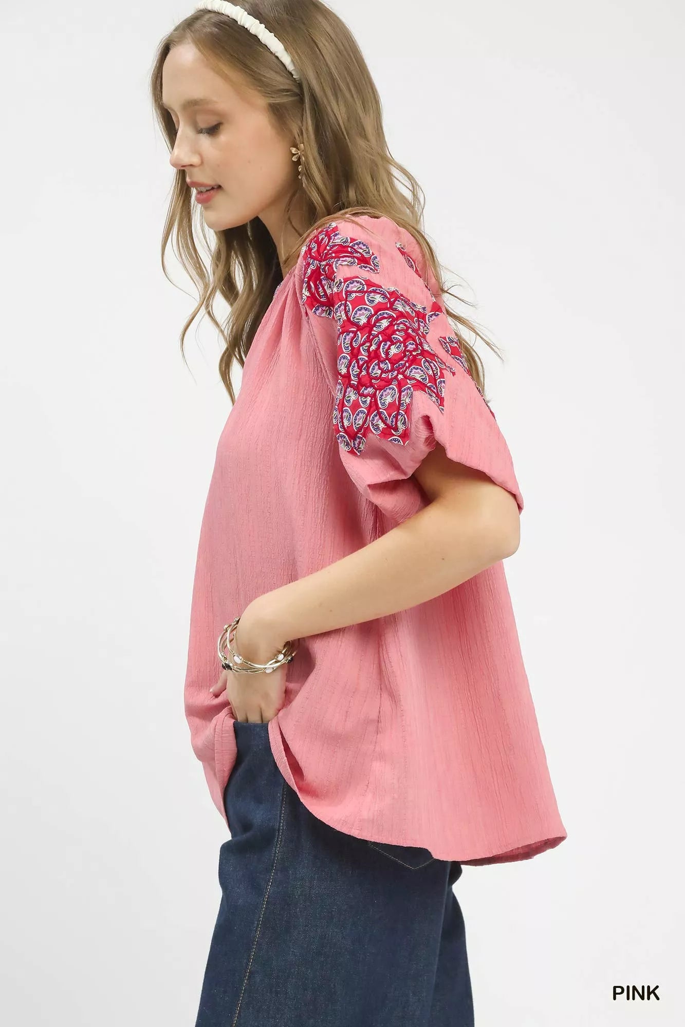 Umgee Embroidered Sleeve Contrast Trim Top - Bitsy Gypsy Boutique
