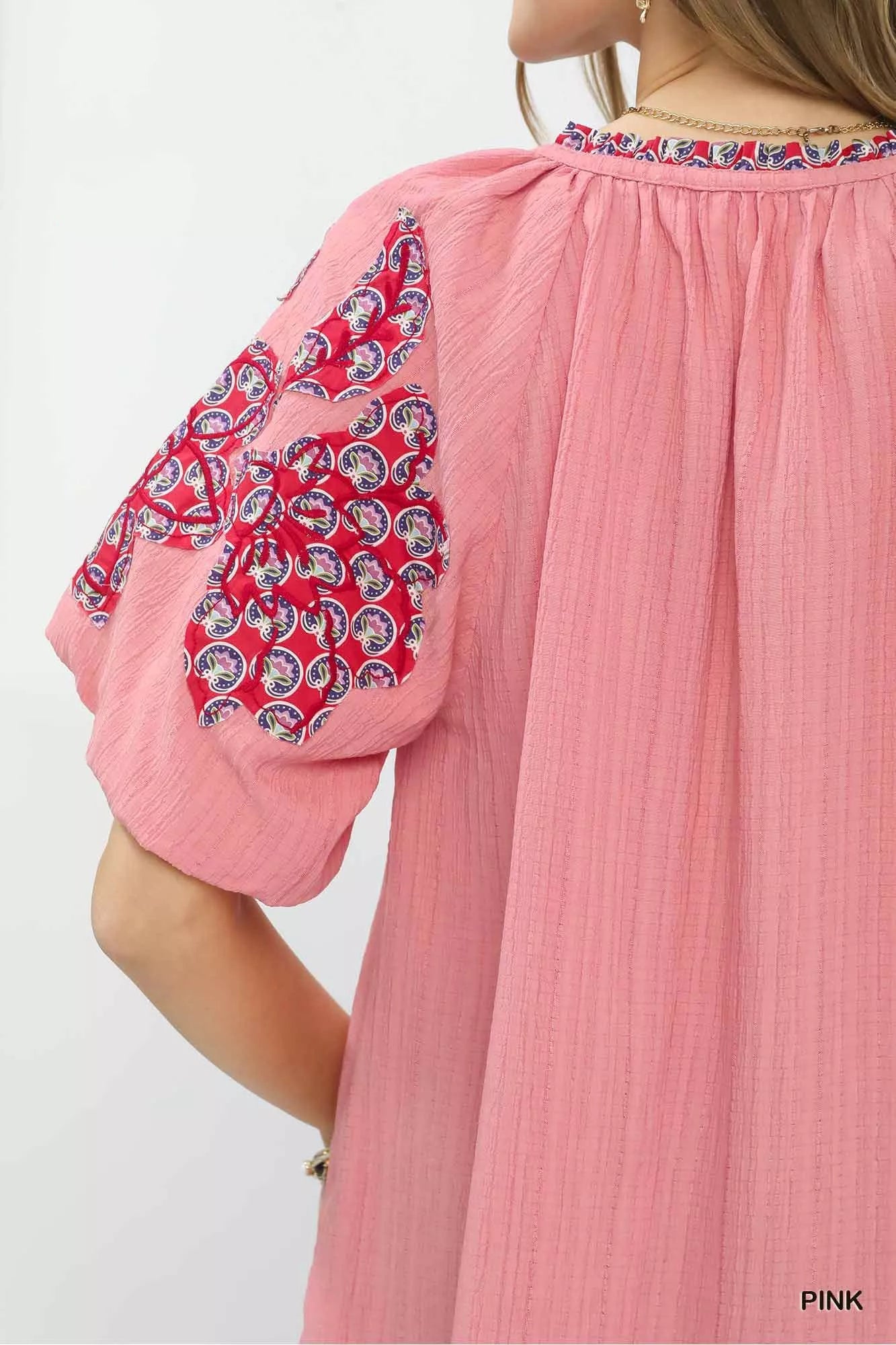 Umgee Embroidered Sleeve Contrast Trim Top - Bitsy Gypsy Boutique