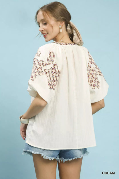 Umgee Embroidered Sleeve Contrast Trim Top - Bitsy Gypsy Boutique