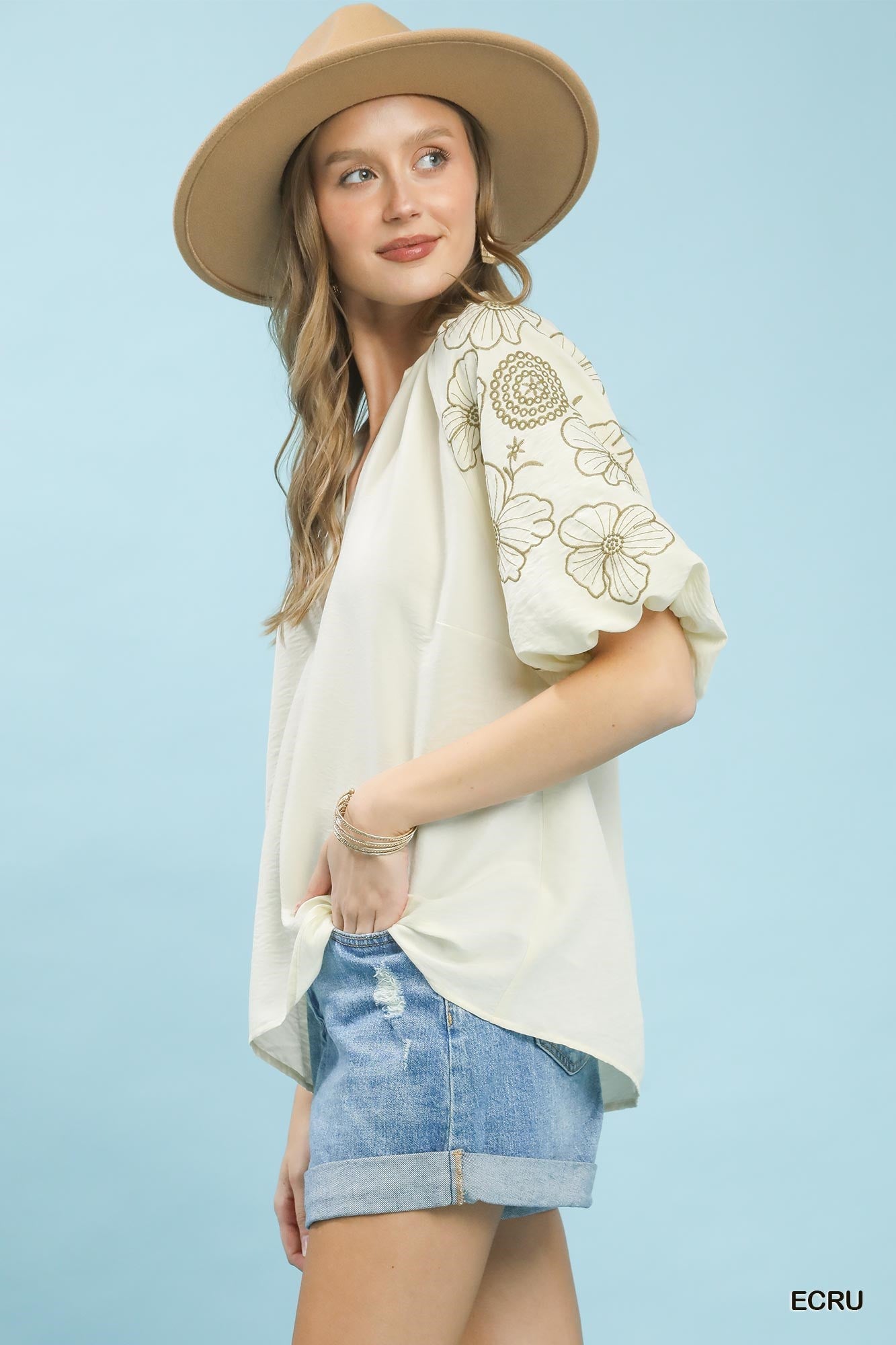 Umgee Embroidered Sleeve V - Neck Boho Blouse - Bitsy Gypsy Boutique