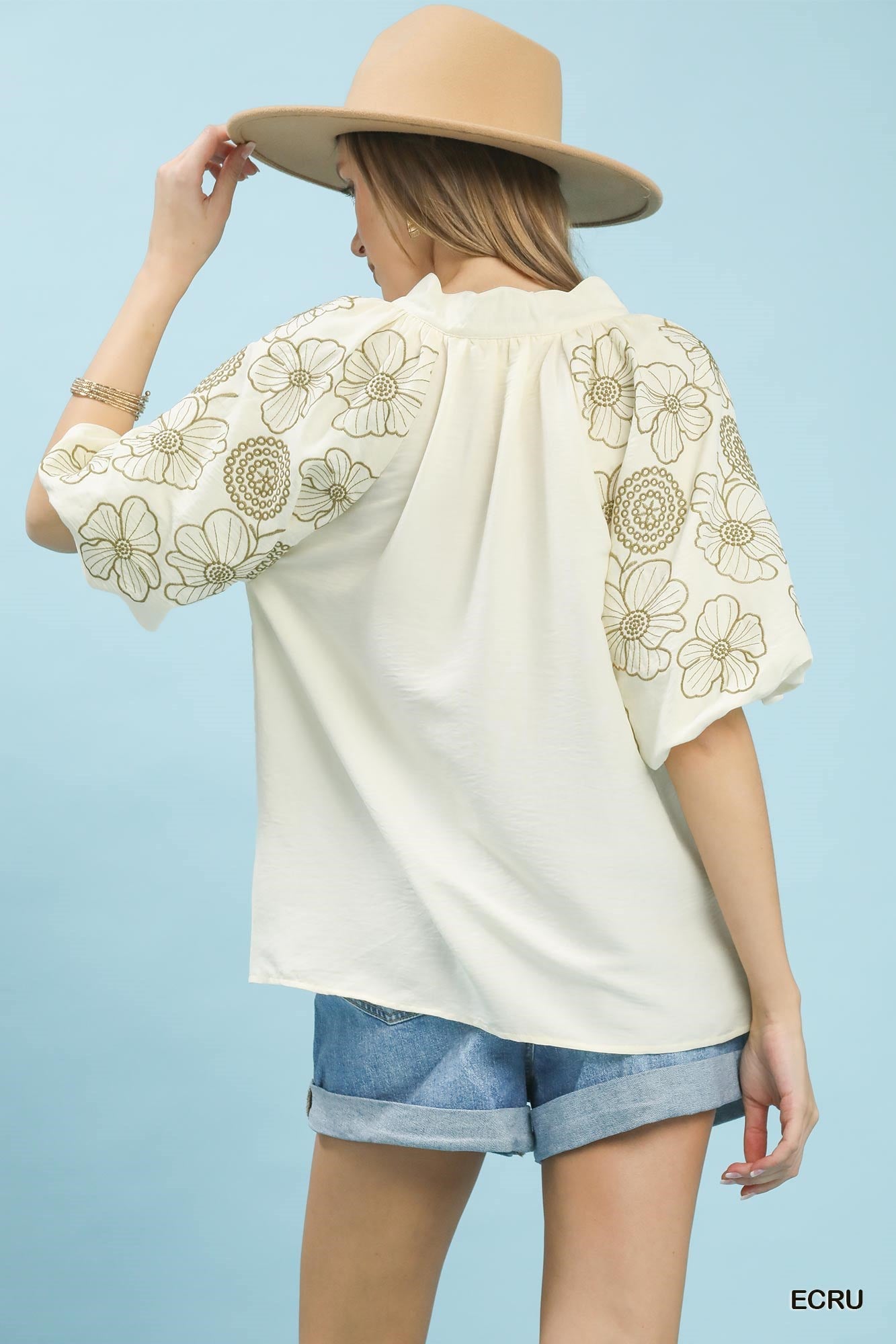 Umgee Embroidered Sleeve V - Neck Boho Blouse - Bitsy Gypsy Boutique