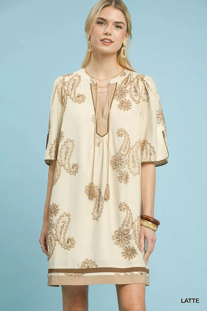 Umgee Embroidered Split Neck Shift Dress - Bitsy Gypsy Boutique