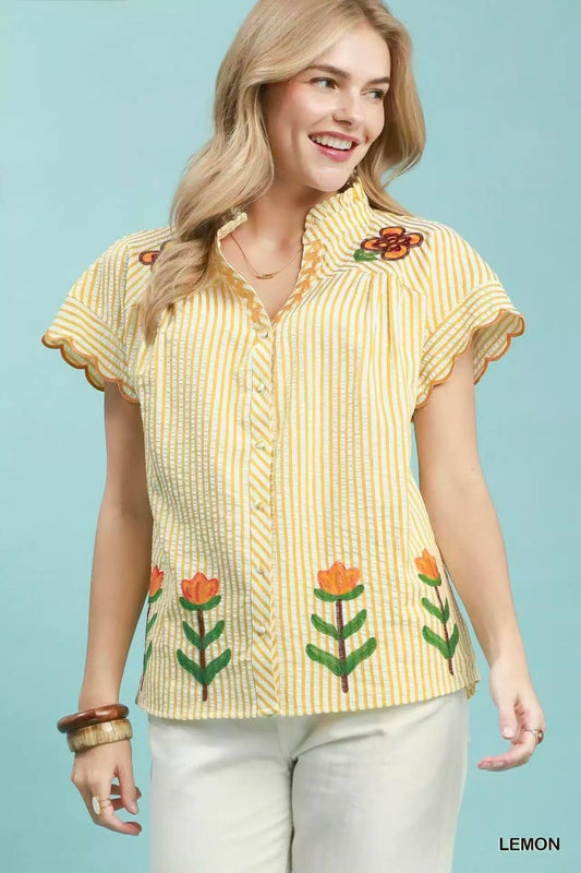 Umgee Embroidered Stripe Button Front Top - Bitsy Gypsy Boutique