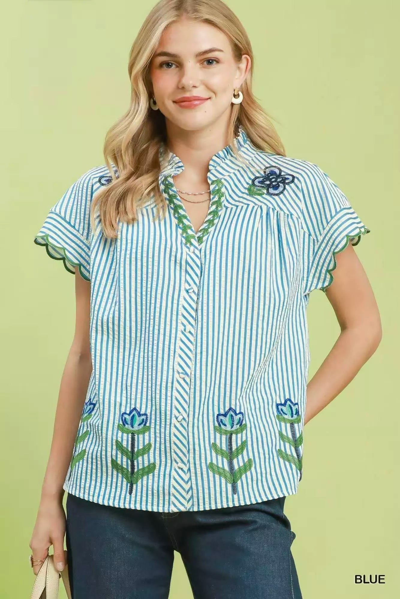 Umgee Embroidered Stripe Button Front Top - Bitsy Gypsy Boutique