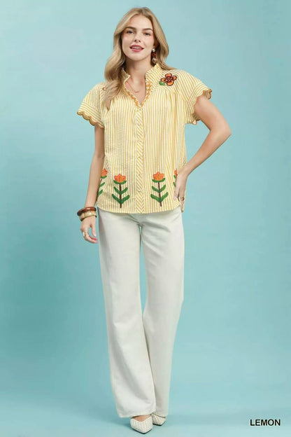 Umgee Embroidered Stripe Button Front Top - Bitsy Gypsy Boutique