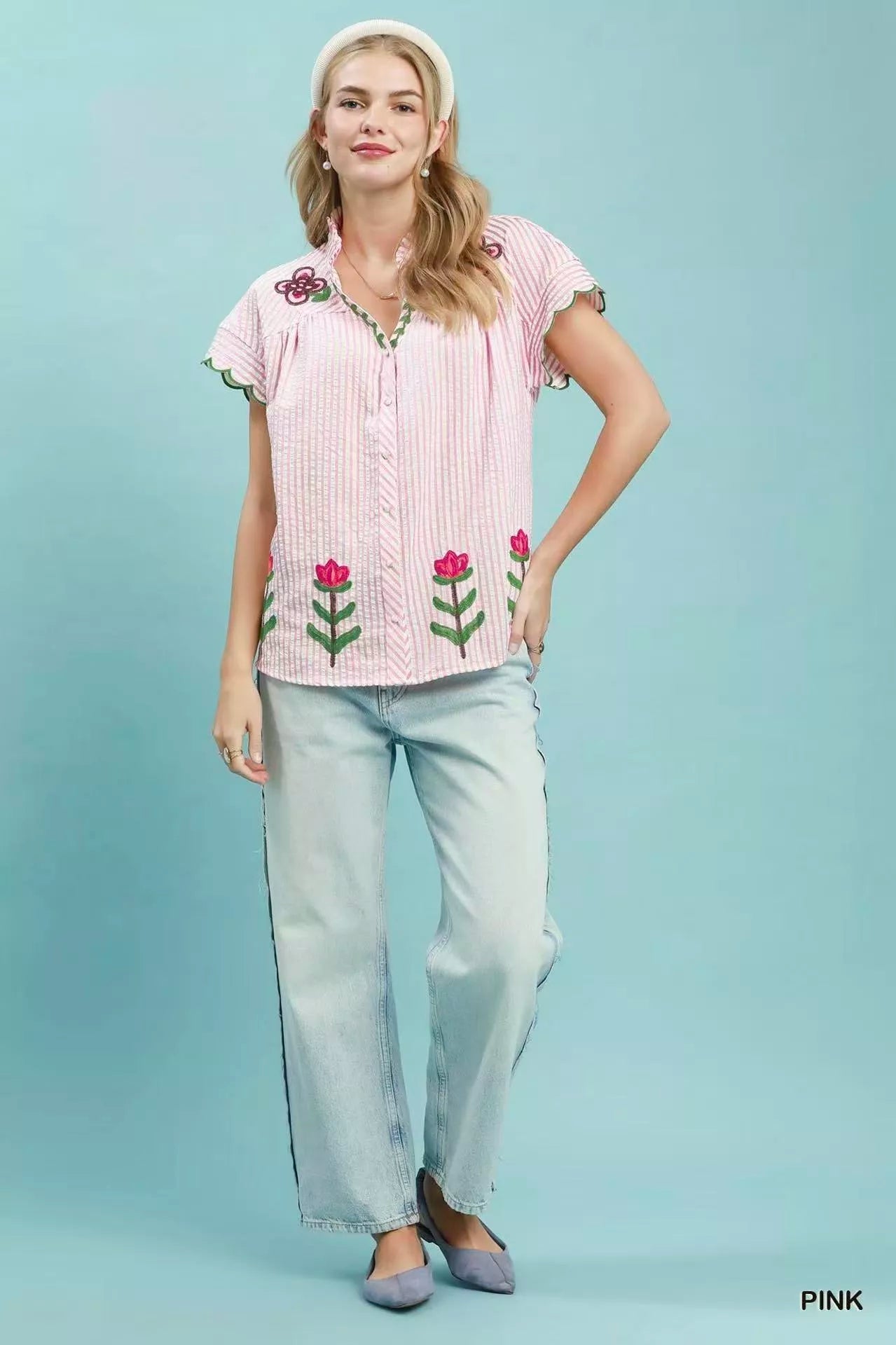 Umgee Embroidered Stripe Button Front Top - Bitsy Gypsy Boutique
