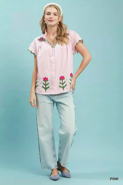 Umgee Embroidered Stripe Button Front Top - Bitsy Gypsy Boutique