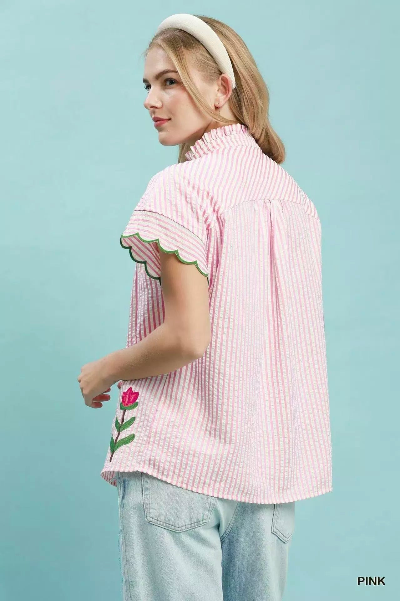 Umgee Embroidered Stripe Button Front Top - Bitsy Gypsy Boutique