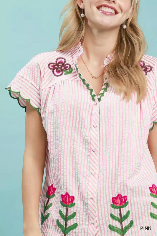 Umgee Embroidered Stripe Button Front Top - Bitsy Gypsy Boutique