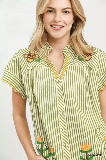 Umgee Embroidered Stripe Button Front Top - Bitsy Gypsy Boutique