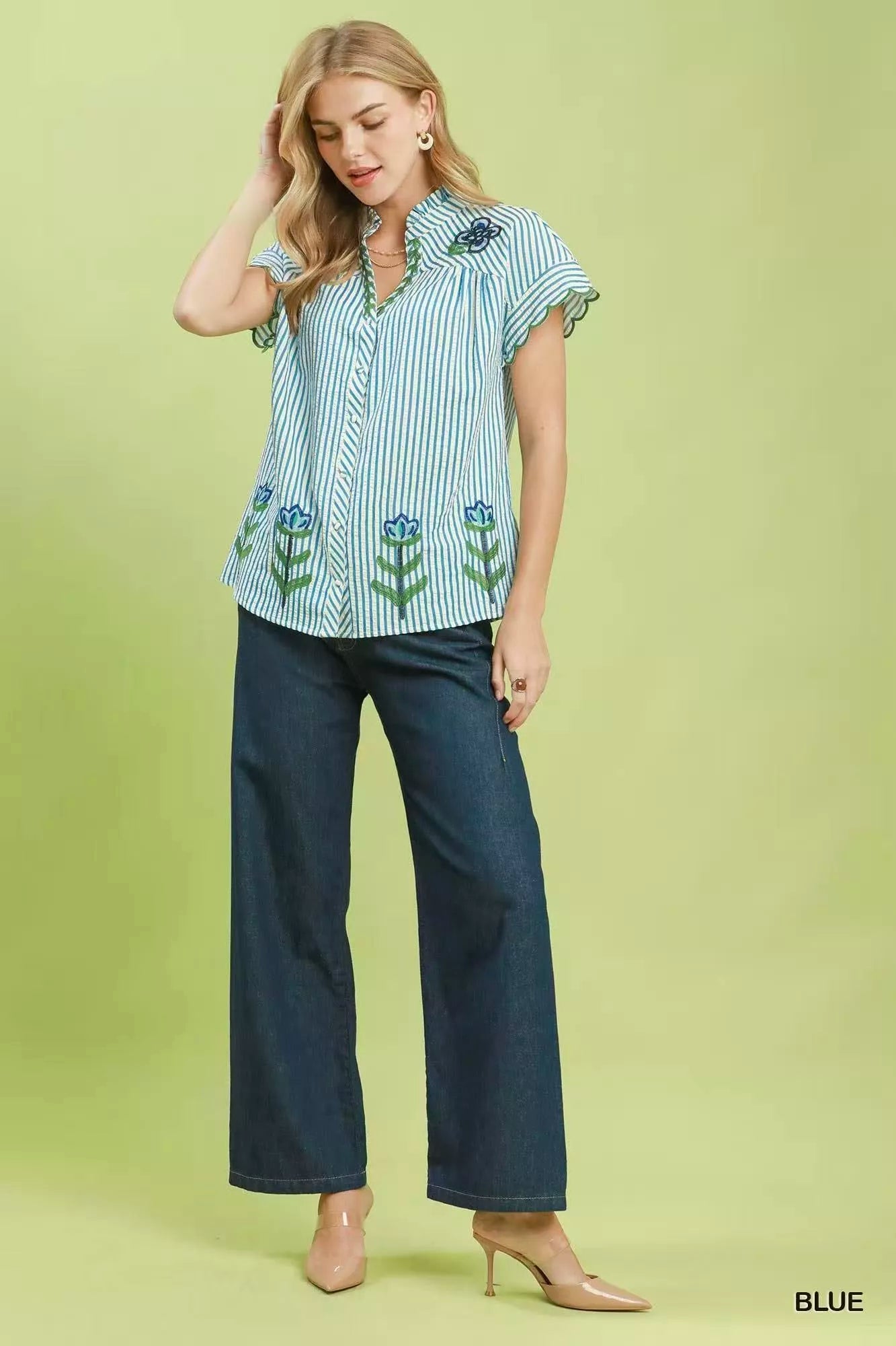 Umgee Embroidered Stripe Button Front Top - Bitsy Gypsy Boutique