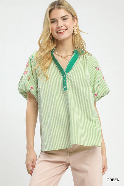 Umgee Embroidered Stripe Top - Bitsy Gypsy Boutique