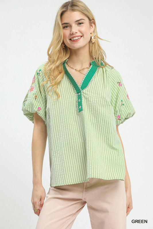 Umgee Embroidered Stripe Top - Bitsy Gypsy Boutique