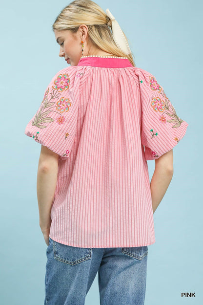Umgee Embroidered Stripe Top - Bitsy Gypsy Boutique