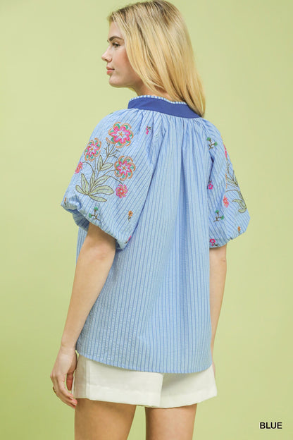 Umgee Embroidered Stripe Top - Bitsy Gypsy Boutique