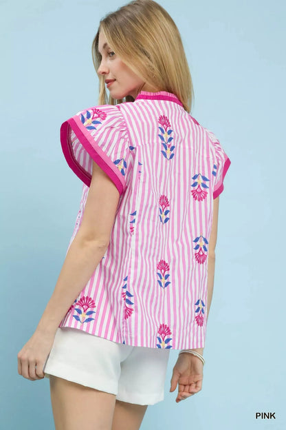 Umgee Embroidered Striped Flutter Sleeve Top - Bitsy Gypsy Boutique