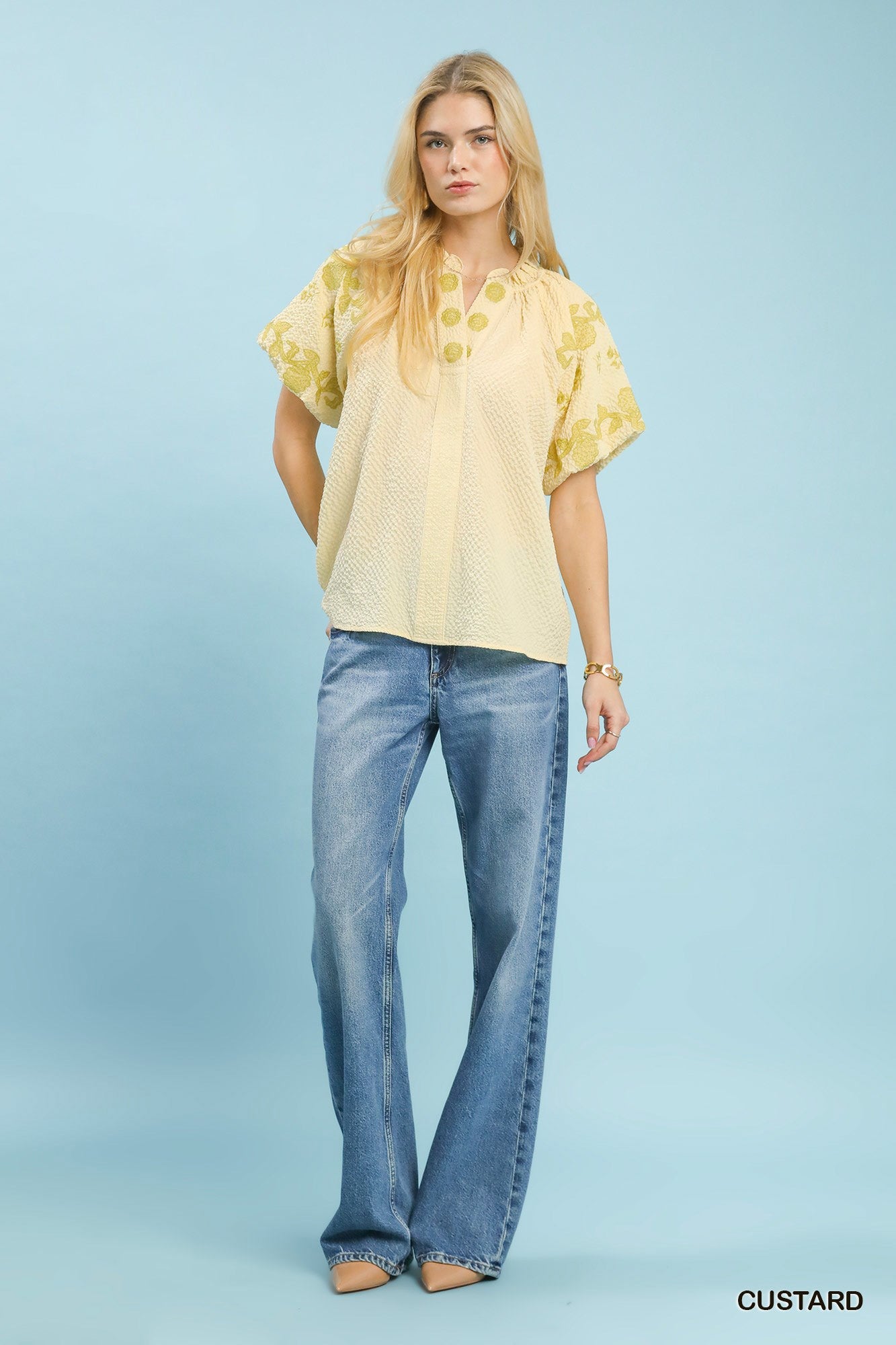 Umgee Embroidered Textured Flutter Sleeve Top - Bitsy Gypsy Boutique