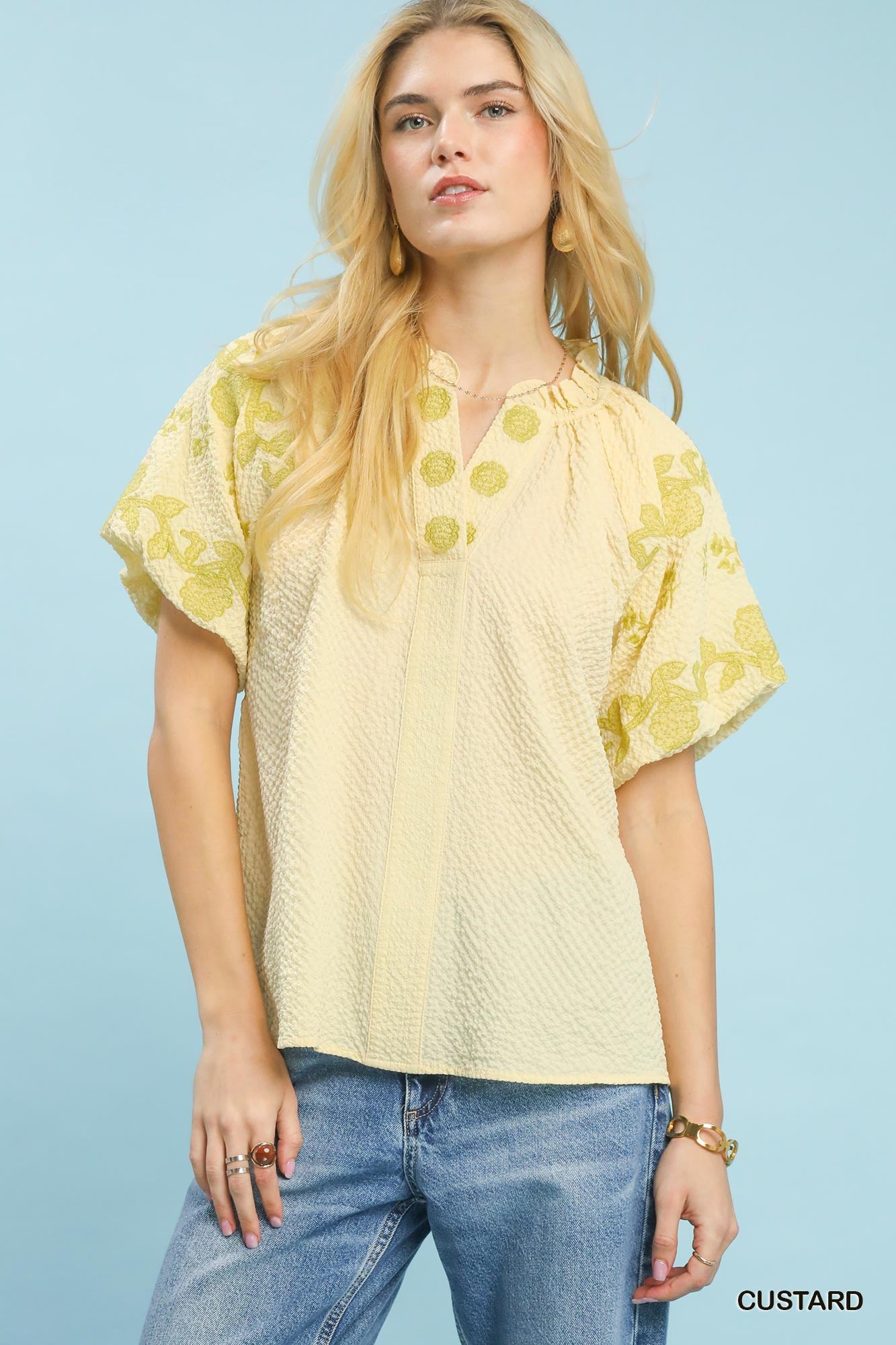 Umgee Embroidered Textured Flutter Sleeve Top - Bitsy Gypsy Boutique
