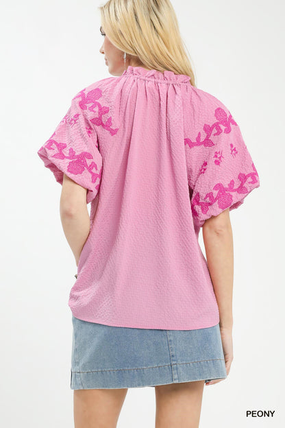 Umgee Embroidered Textured Flutter Sleeve Top - Bitsy Gypsy Boutique