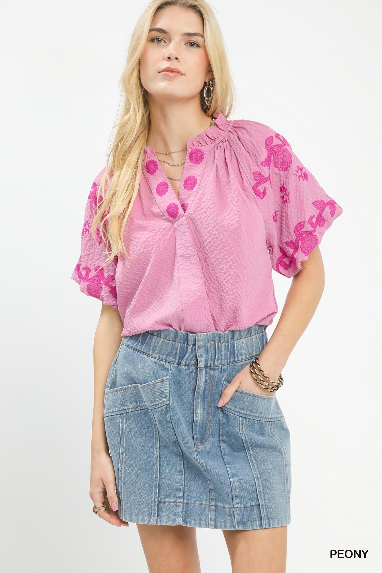 Umgee Embroidered Textured Flutter Sleeve Top - Bitsy Gypsy Boutique