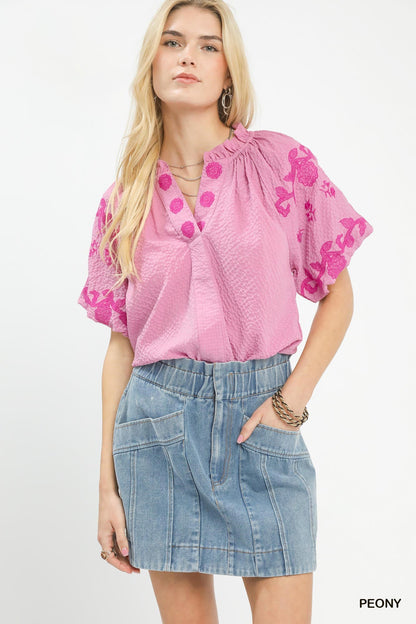Umgee Embroidered Textured Flutter Sleeve Top - Bitsy Gypsy Boutique