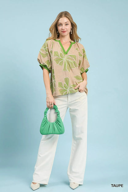 Umgee Embroidered V - Neck Short Sleeve Top - Bitsy Gypsy Boutique