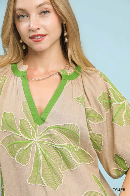 Umgee Embroidered V - Neck Short Sleeve Top - Bitsy Gypsy Boutique