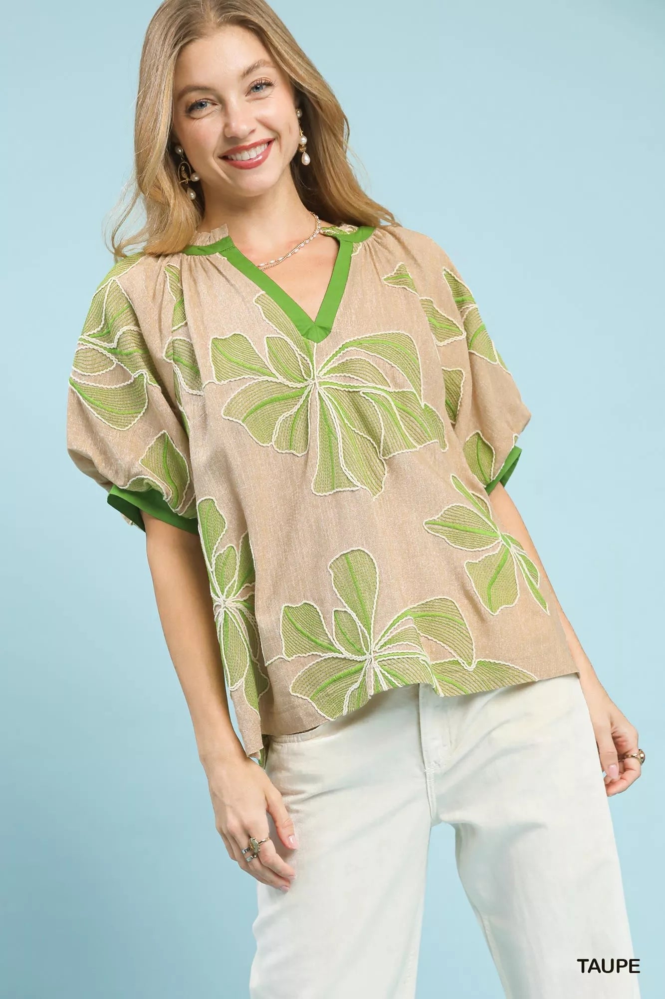 Umgee Embroidered V - Neck Short Sleeve Top - Bitsy Gypsy Boutique