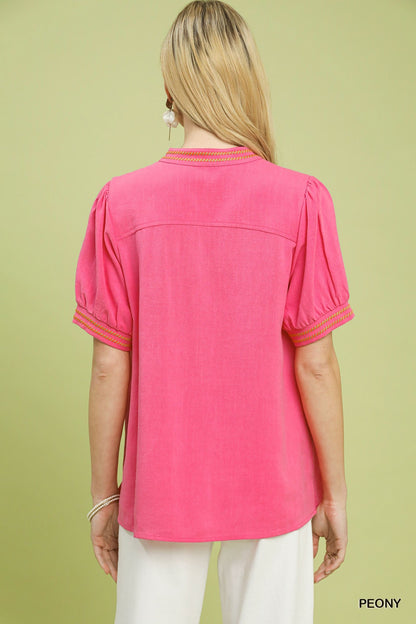 Umgee Embroidery Linen Puff Sleeve Blouse - Bitsy Gypsy Boutique