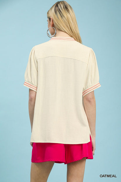 Umgee Embroidery Linen Puff Sleeve Blouse - Bitsy Gypsy Boutique