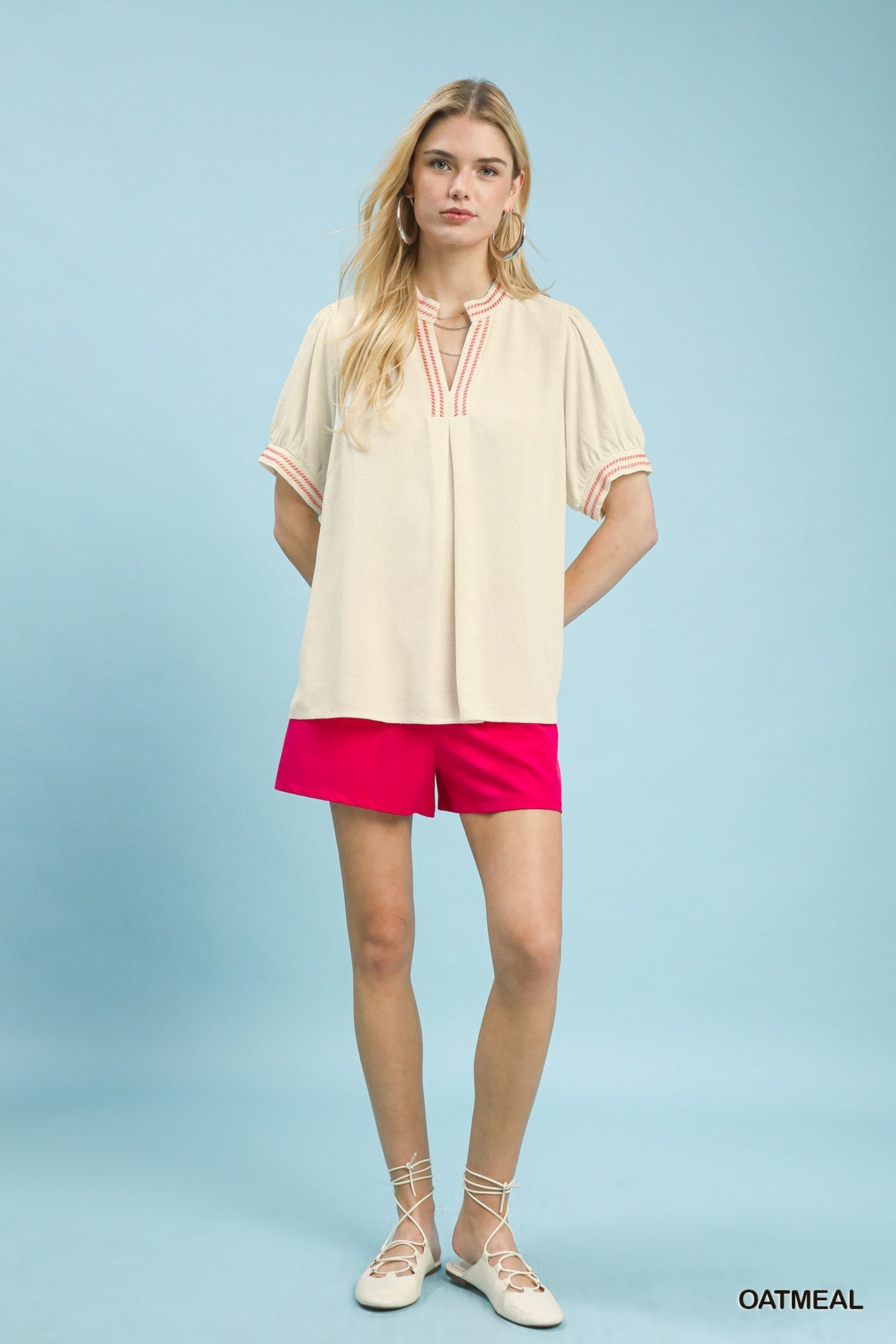 Umgee Embroidery Linen Puff Sleeve Blouse - Bitsy Gypsy Boutique