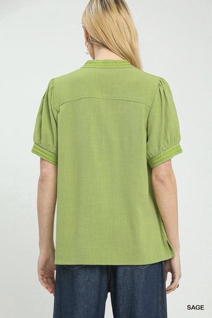 Umgee Embroidery Linen Puff Sleeve Blouse - Bitsy Gypsy Boutique