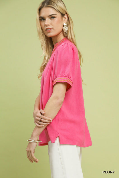 Umgee Embroidery Linen Puff Sleeve Blouse - Bitsy Gypsy Boutique