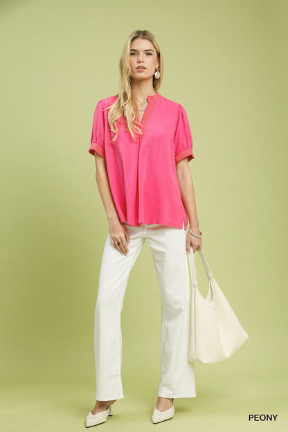 Umgee Embroidery Linen Puff Sleeve Blouse - Bitsy Gypsy Boutique