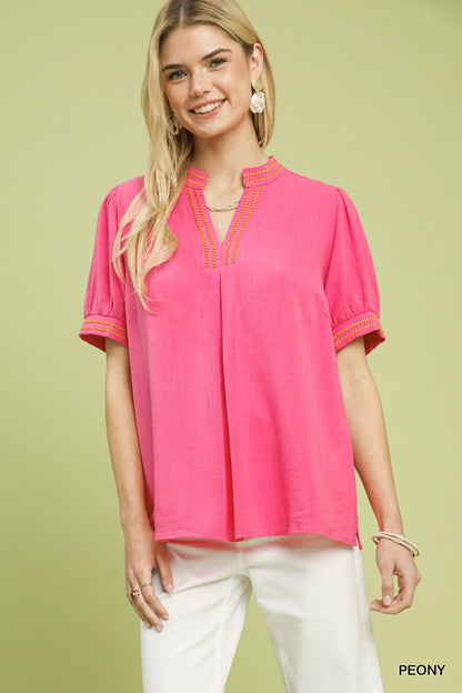 Umgee Embroidery Linen Puff Sleeve Blouse - Bitsy Gypsy Boutique