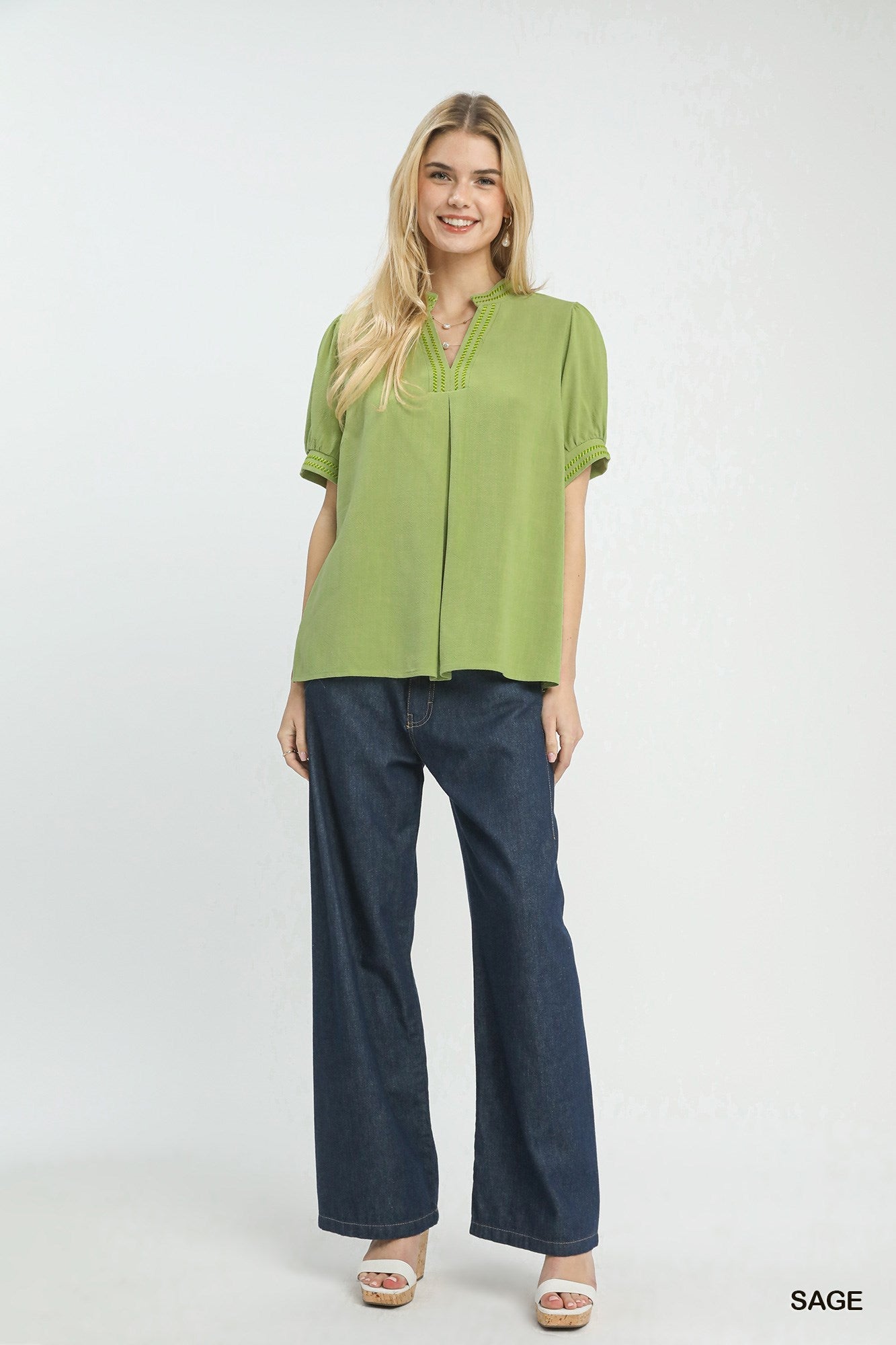 Umgee Embroidery Linen Puff Sleeve Blouse - Bitsy Gypsy Boutique