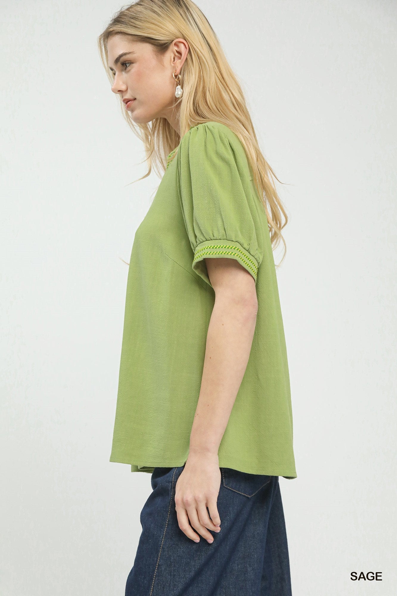 Umgee Embroidery Linen Puff Sleeve Blouse - Bitsy Gypsy Boutique