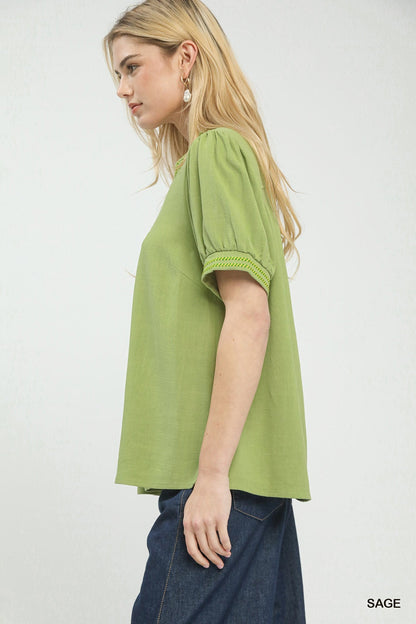 Umgee Embroidery Linen Puff Sleeve Blouse - Bitsy Gypsy Boutique