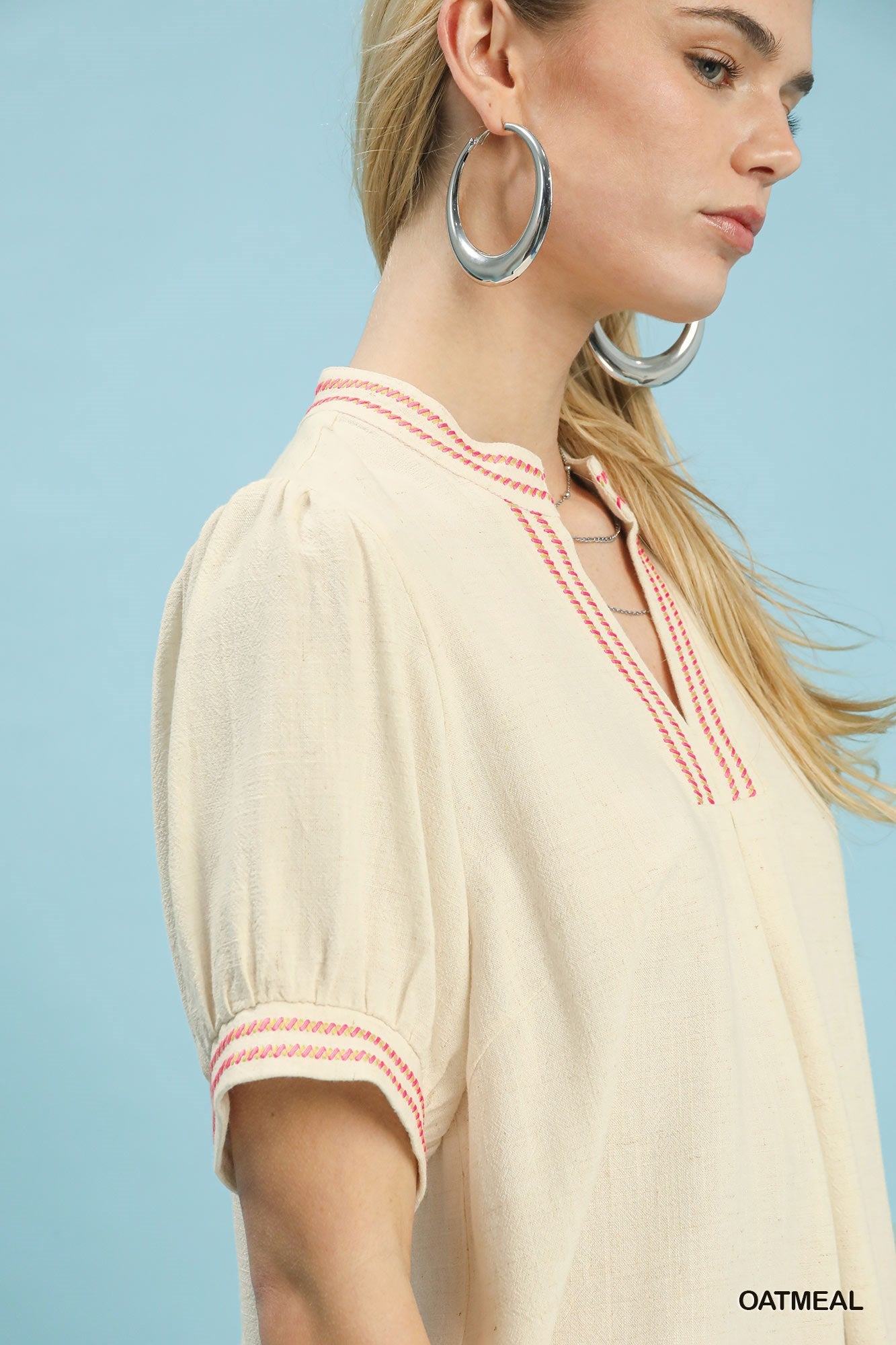 Umgee Embroidery Linen Puff Sleeve Blouse - Bitsy Gypsy Boutique