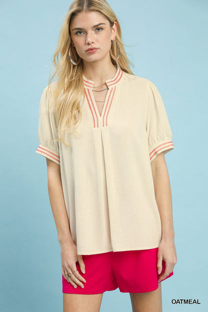 Umgee Embroidery Linen Puff Sleeve Blouse - Bitsy Gypsy Boutique