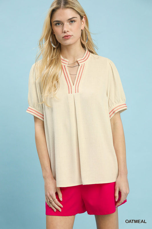 Umgee Embroidery Linen Puff Sleeve Blouse - Bitsy Gypsy Boutique