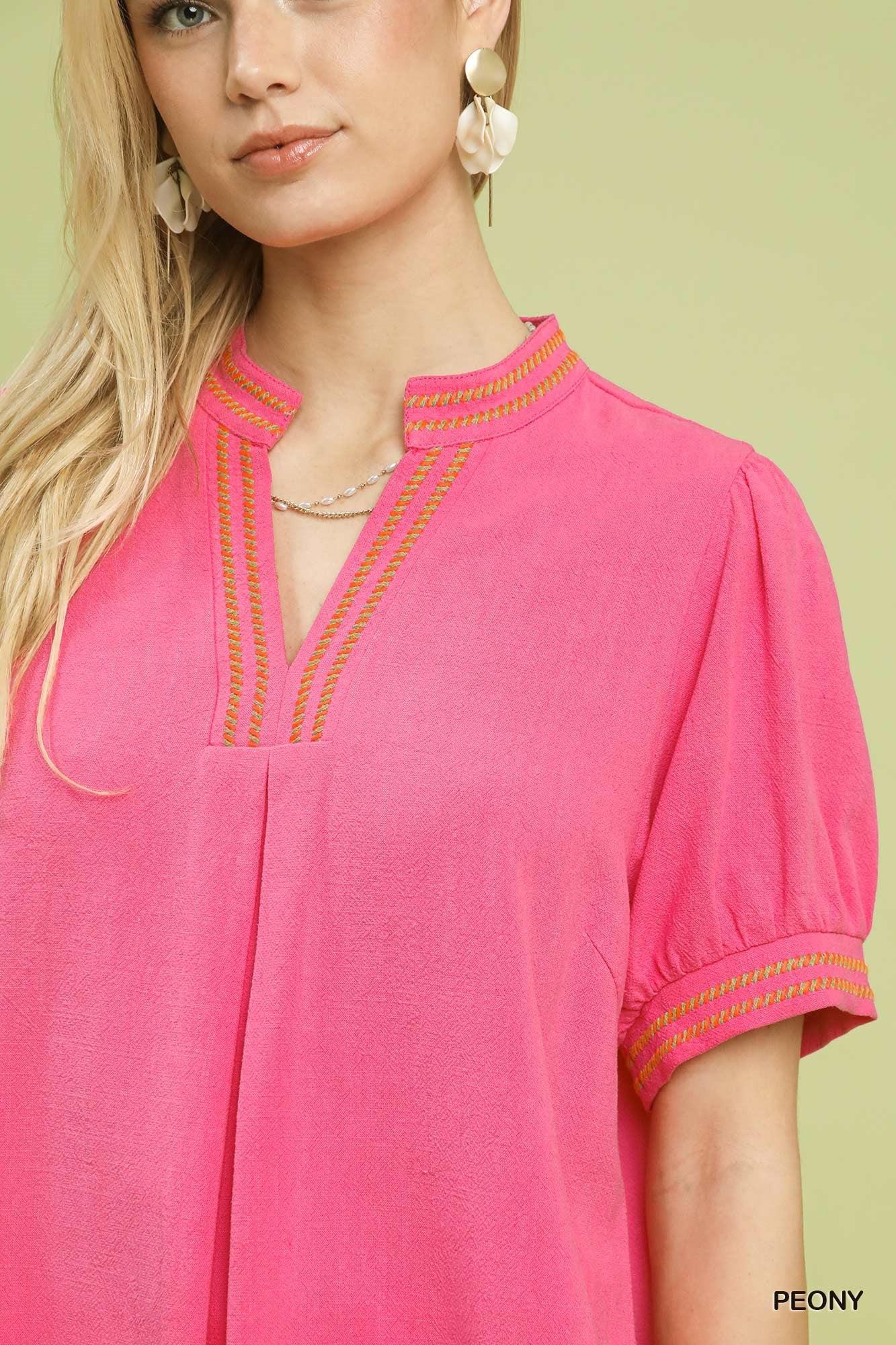 Umgee Embroidery Linen Puff Sleeve Blouse - Bitsy Gypsy Boutique