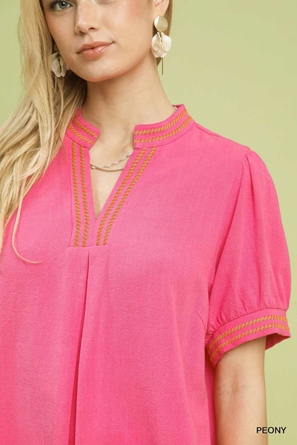 Umgee Embroidery Linen Puff Sleeve Blouse - Bitsy Gypsy Boutique