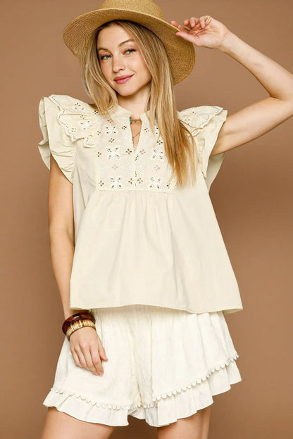 Umgee Eyelet Embroidered Ruffle Sleeve Blouse - Bitsy Gypsy Boutique