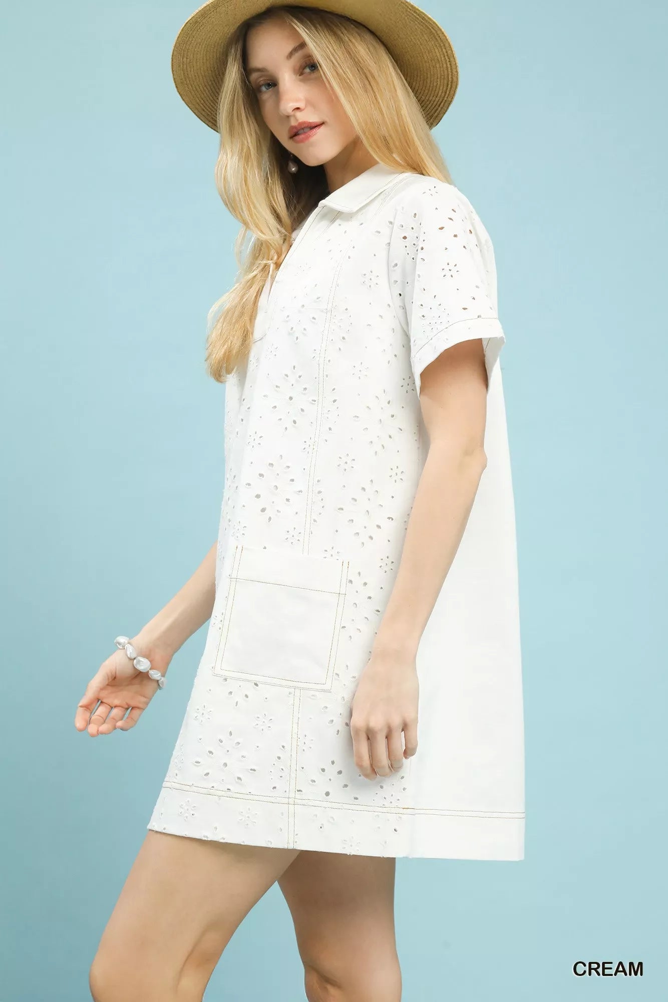 Umgee Eyelet Short Sleeve Shift Dress with Pocket - Bitsy Gypsy Boutique