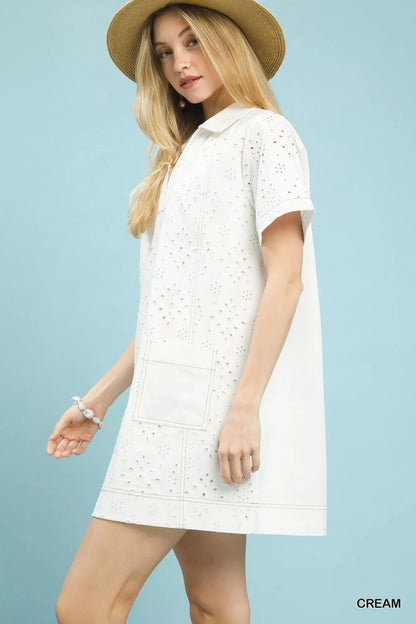Umgee Eyelet Short Sleeve Shift Dress with Pocket - Bitsy Gypsy Boutique